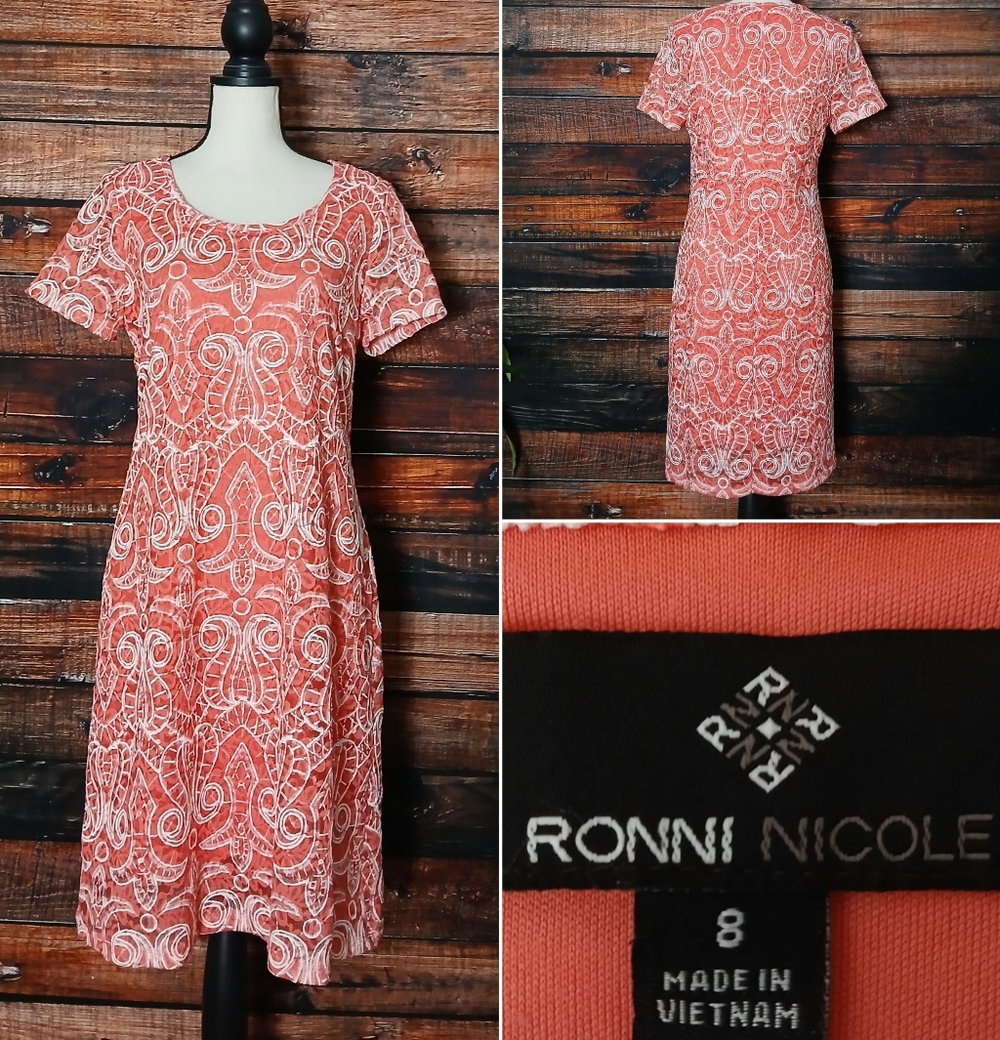 Ronni Nicole Dress 8 Coral Pink Lace Damask Shift Lined Short Sleeve